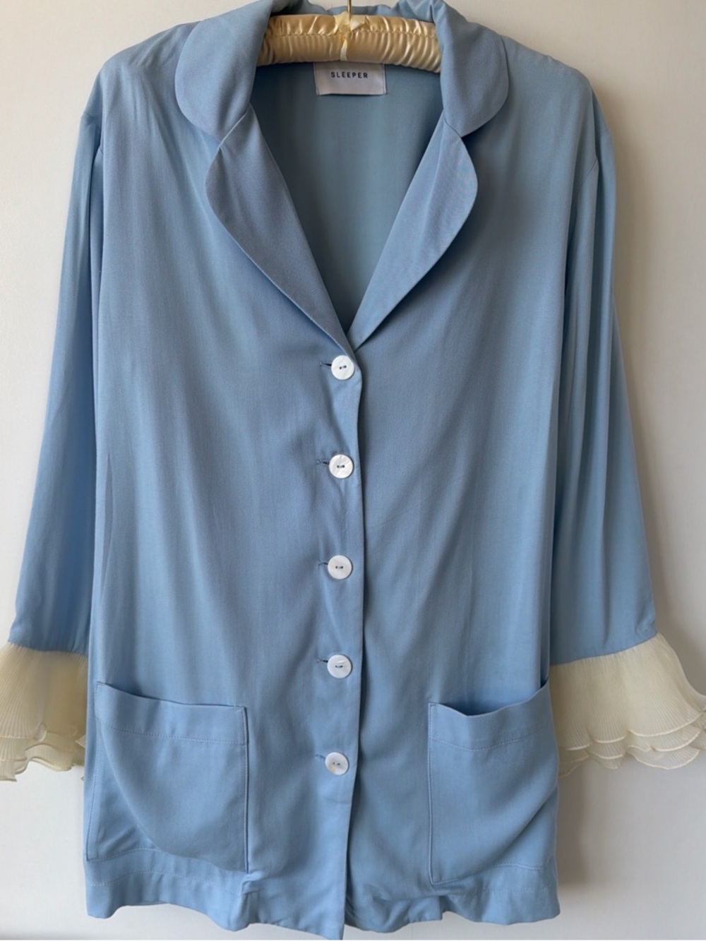 Luxury ‘Sleeper’ Powder Blue Ruffle Cuff Pajama Shirt - Picture 2 of 7